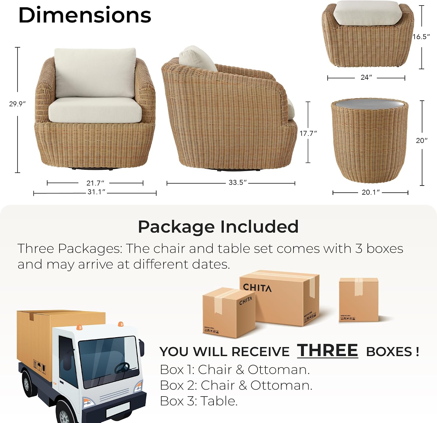 [Product view] - light brown rattan wicker [product type] with beige cushioned seat, coastal outdoor furniture styling — detail