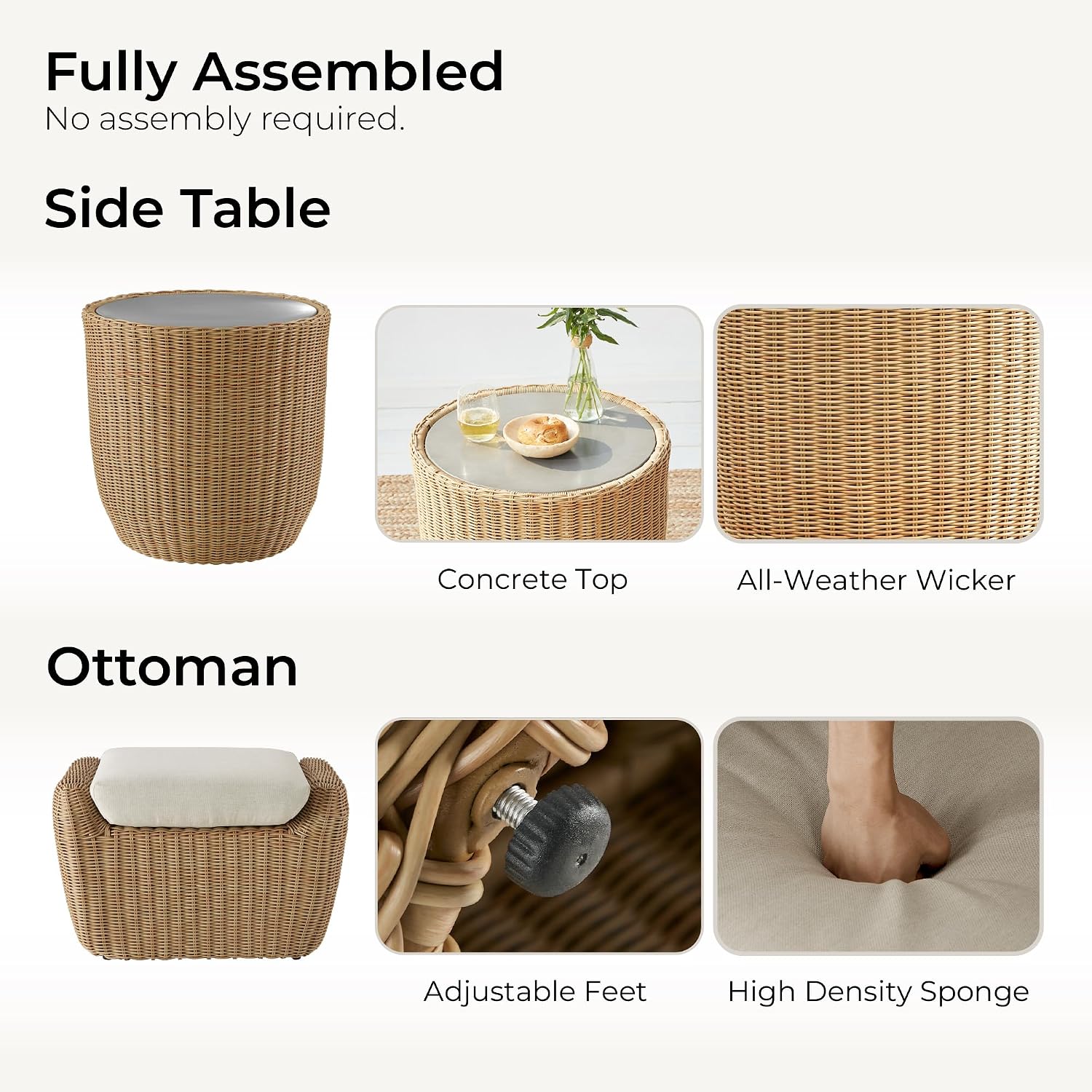 [Product view] - light brown rattan wicker [product type] with beige cushioned seat, coastal outdoor furniture styling — view 5