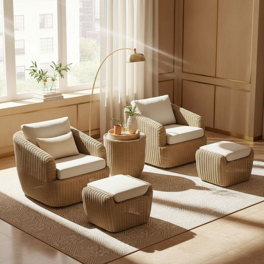 [Product view] - light brown rattan wicker [product type] with beige cushioned seat, coastal outdoor furniture styling — view 3a
