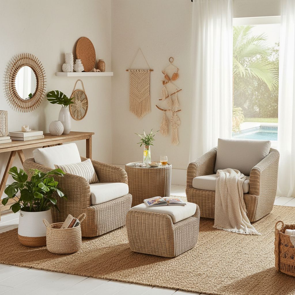 [Product view] - light brown rattan wicker [product type] with beige cushioned seat, coastal outdoor furniture styling — view 4