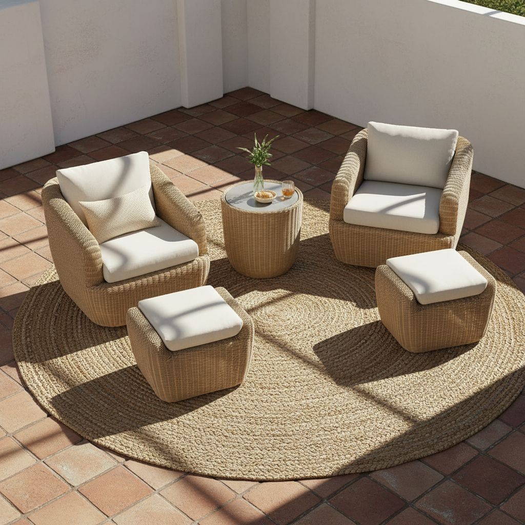 [Product view] - light brown rattan wicker [product type] with beige cushioned seat, coastal outdoor furniture styling — view 5a