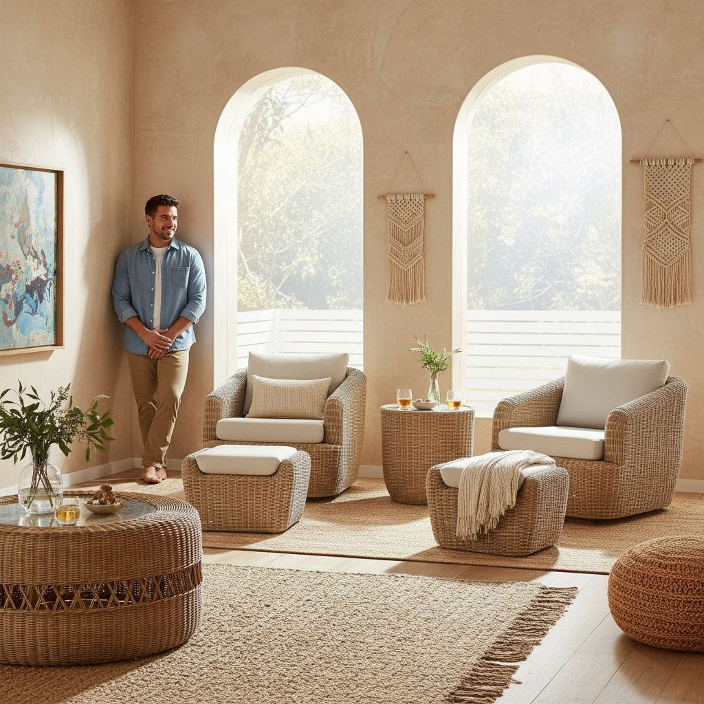 [Product view] - light brown rattan wicker [product type] with beige cushioned seat, coastal outdoor furniture styling — view 6