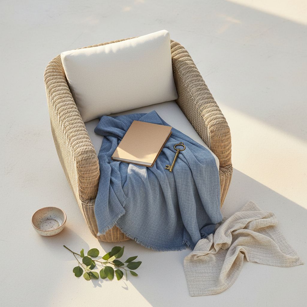 [Product view] - light brown rattan wicker [product type] with beige cushioned seat, coastal outdoor furniture styling — hero view 2