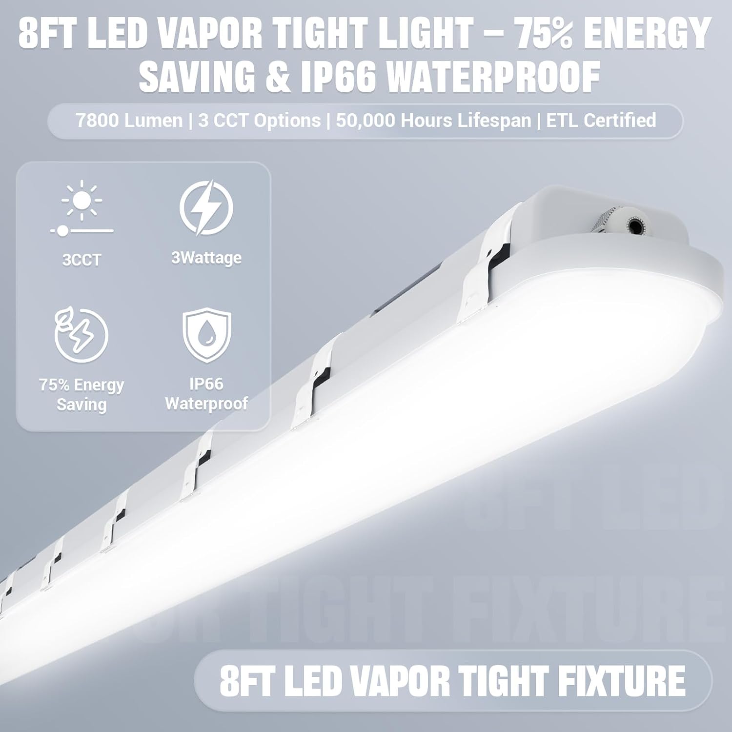 {{quantity}}-pack 8-foot linear LED vapor-tight shop light with metal housing in {{color}} finish, IP66 waterproof for garage and warehouse use — side