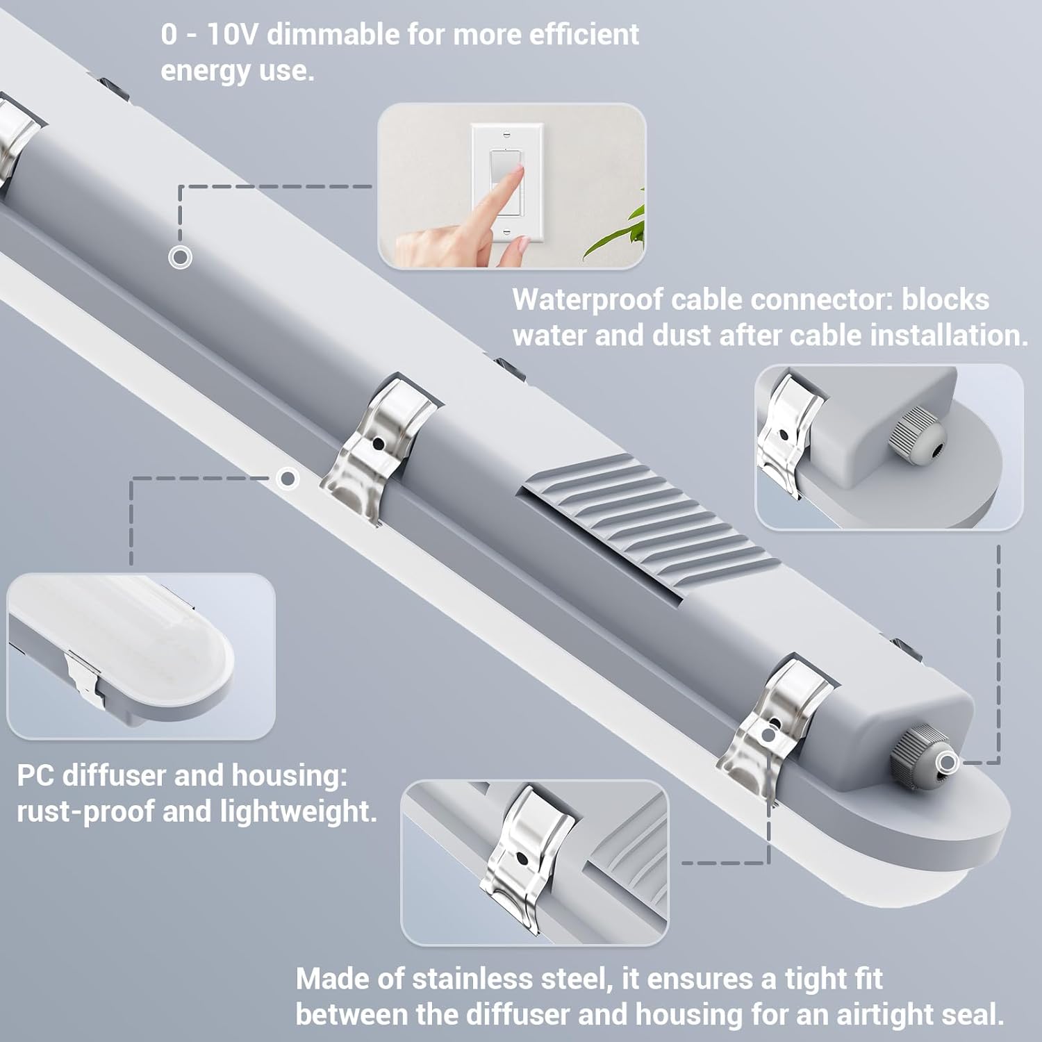 {{quantity}}-pack 8-foot linear LED vapor-tight shop light with metal housing in {{color}} finish, IP66 waterproof for garage and warehouse use — back