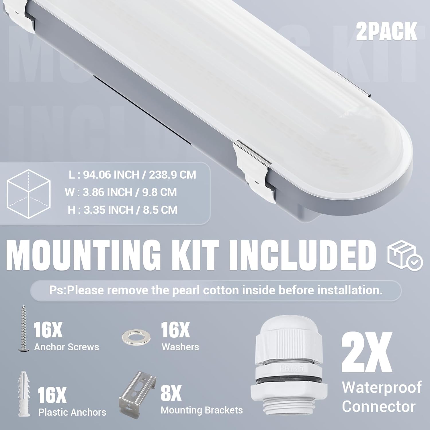 {{quantity}}-pack 8-foot linear LED vapor-tight shop light with metal housing in {{color}} finish, IP66 waterproof for garage and warehouse use — view 5