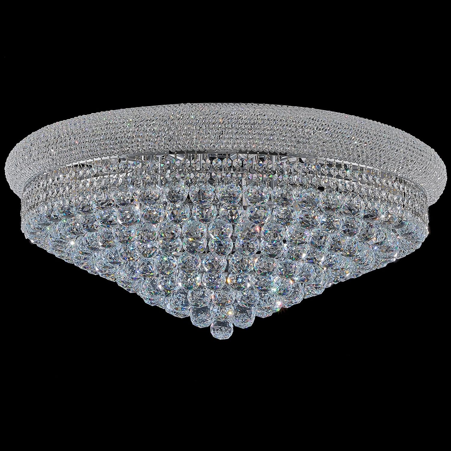 Crystal flush mount chandelier with chrome finish and brass-gold accents, modern farmhouse style ceiling fixture — front