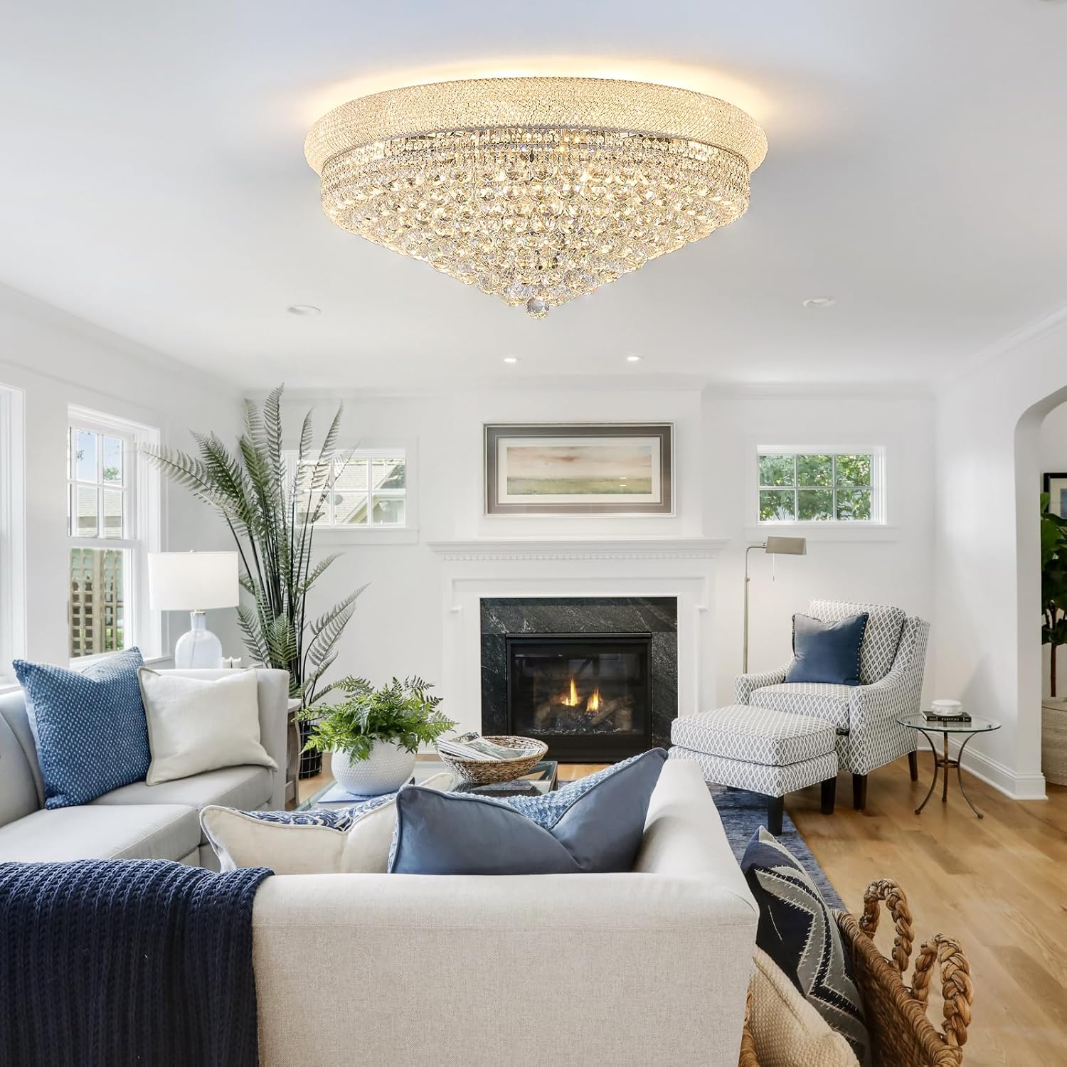 Crystal flush mount chandelier with chrome finish and brass-gold accents, modern farmhouse style ceiling fixture — view 7