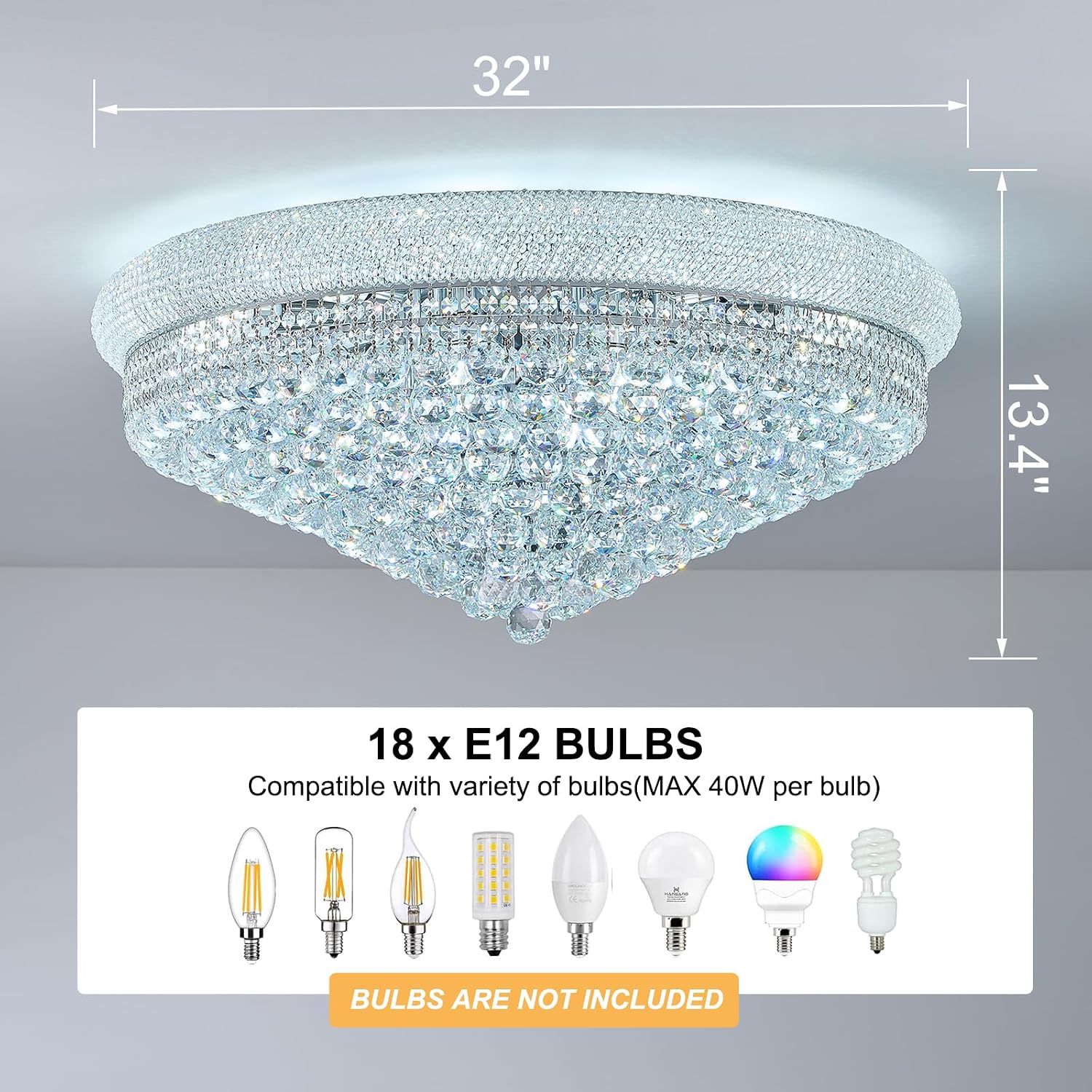 Crystal flush mount chandelier with chrome finish and brass-gold accents, modern farmhouse style ceiling fixture — view 5a