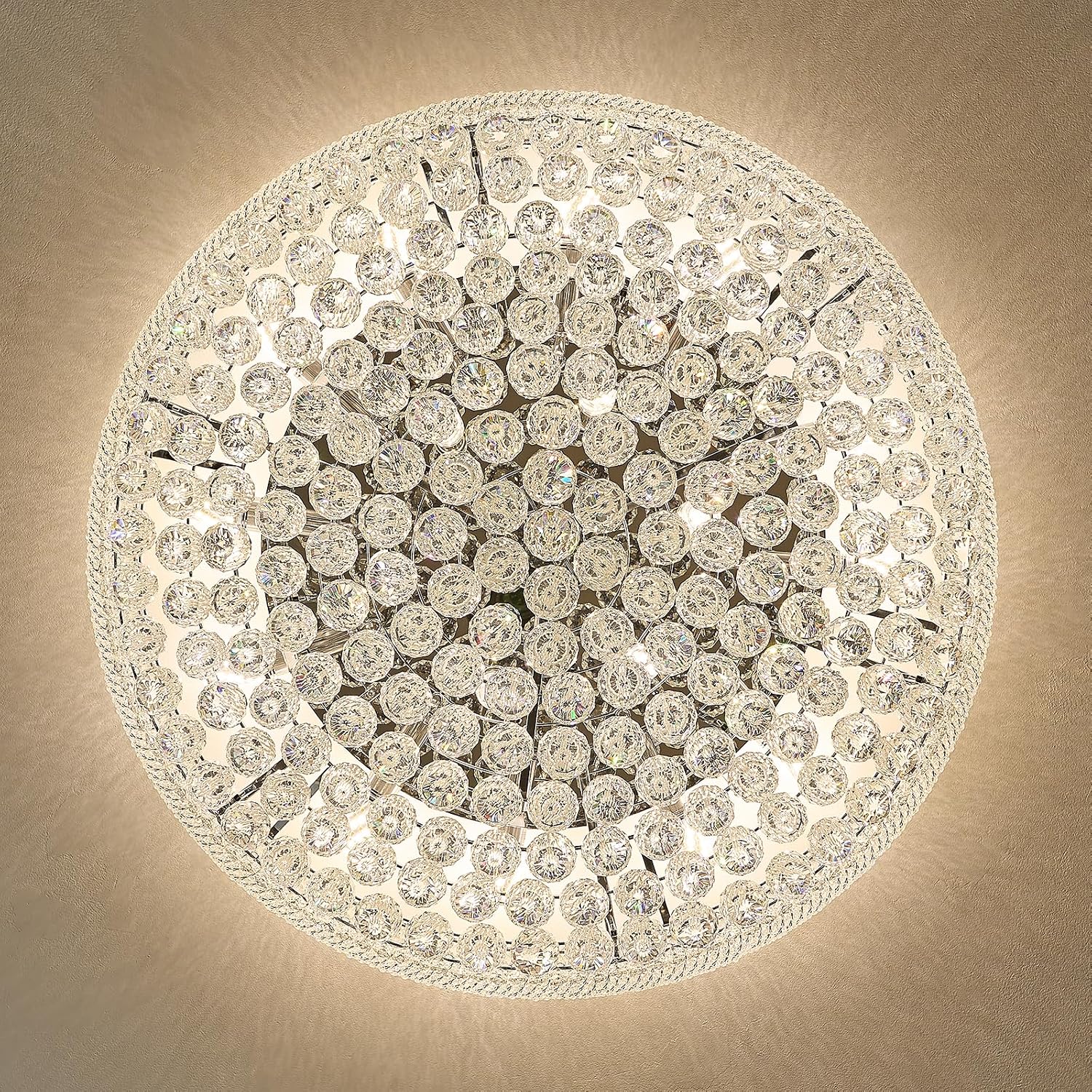 Crystal flush mount chandelier with chrome finish and brass-gold accents, modern farmhouse style ceiling fixture — view 6