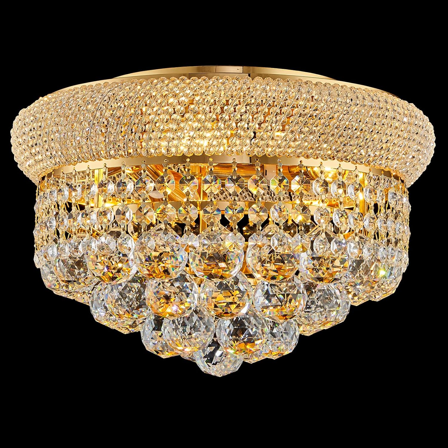 Crystal flush mount chandelier with chrome finish and brass-gold accents, modern farmhouse style ceiling fixture — hero view 2