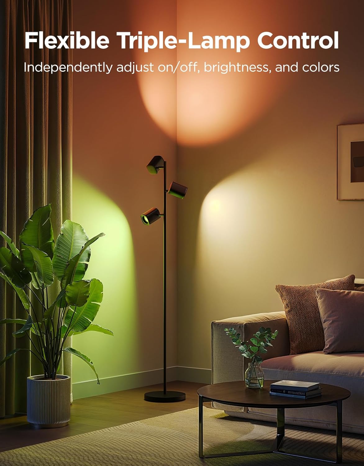 [Color] modern floor lamp with metal base and rotating light heads, displaying [specific color/scene] ambient lighting — view 2