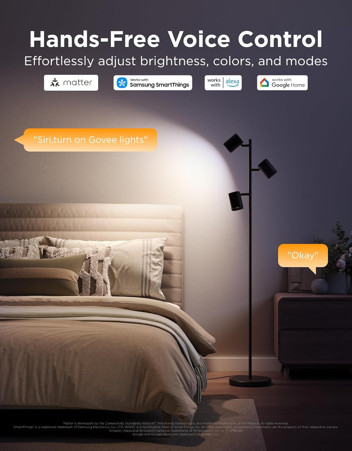 [Color] modern floor lamp with metal base and rotating light heads, displaying [specific color/scene] ambient lighting — view 2