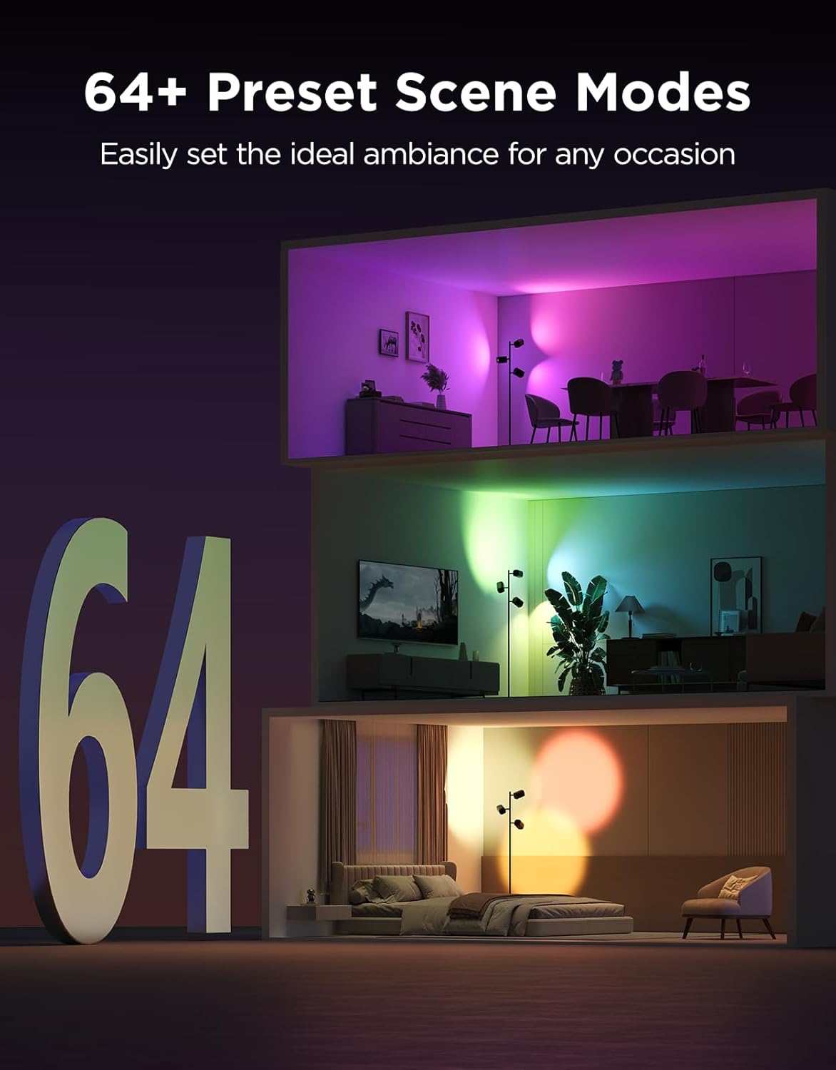 [Color] modern floor lamp with metal base and rotating light heads, displaying [specific color/scene] ambient lighting — view 3