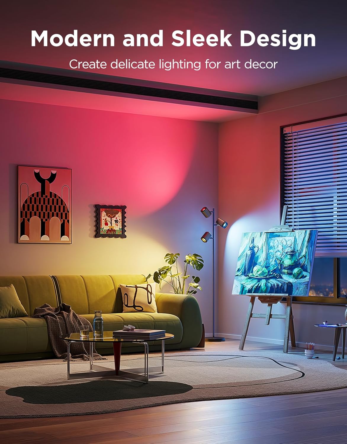 [Color] modern floor lamp with metal base and rotating light heads, displaying [specific color/scene] ambient lighting — view 4