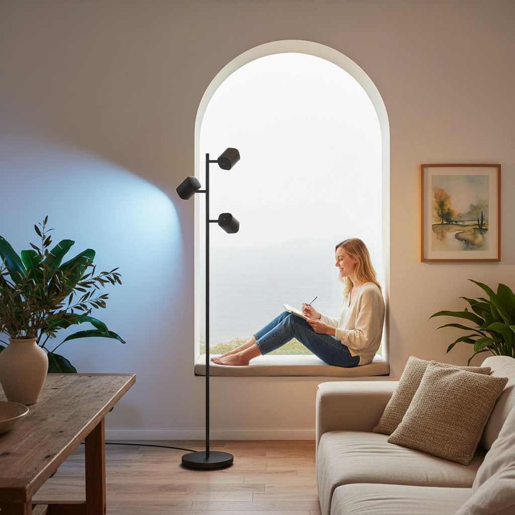 [Color] modern floor lamp with metal base and rotating light heads, displaying [specific color/scene] ambient lighting — view 3b