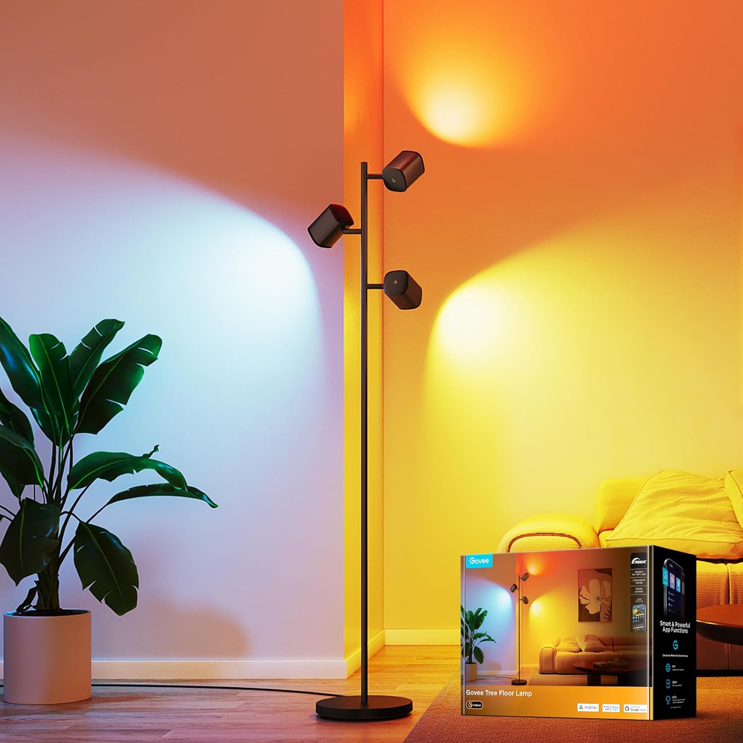 [Color] modern floor lamp with metal base and rotating light heads, displaying [specific color/scene] ambient lighting — view 7