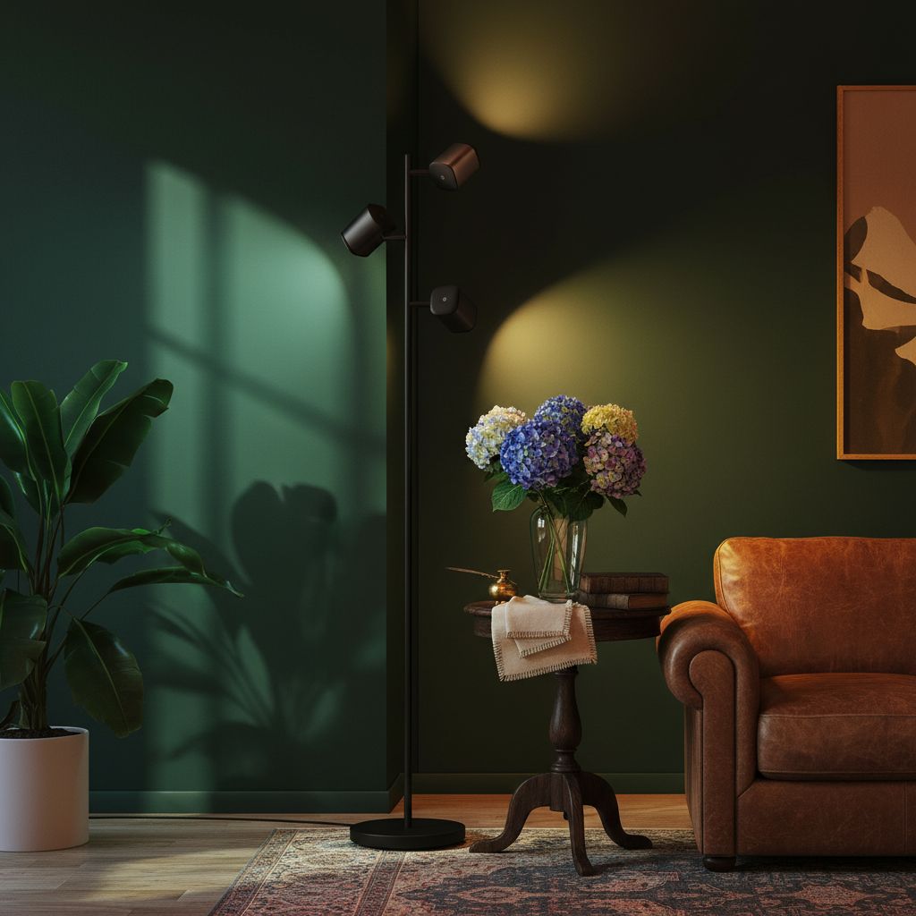 [Color] modern floor lamp with metal base and rotating light heads, displaying [specific color/scene] ambient lighting — view 4