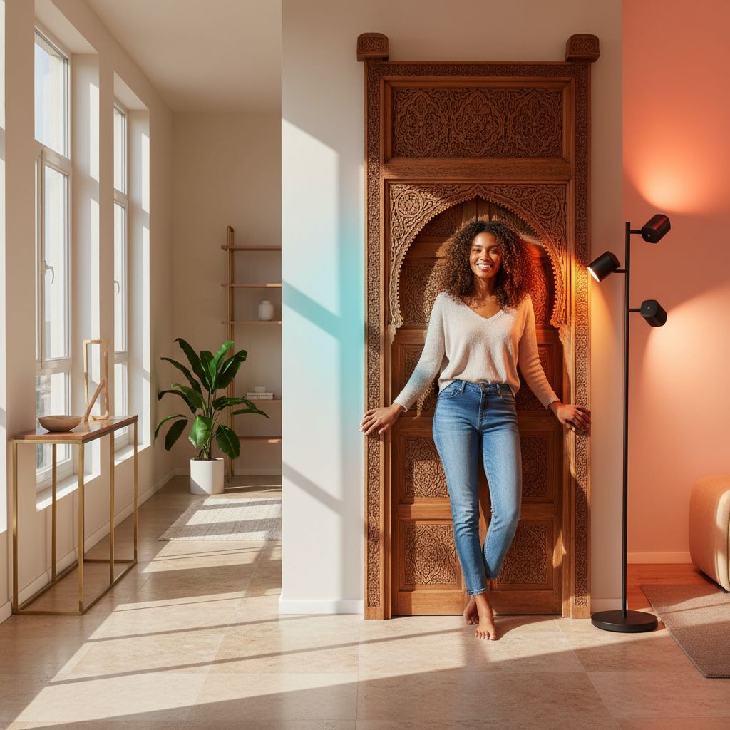 [Color] modern floor lamp with metal base and rotating light heads, displaying [specific color/scene] ambient lighting — view 6