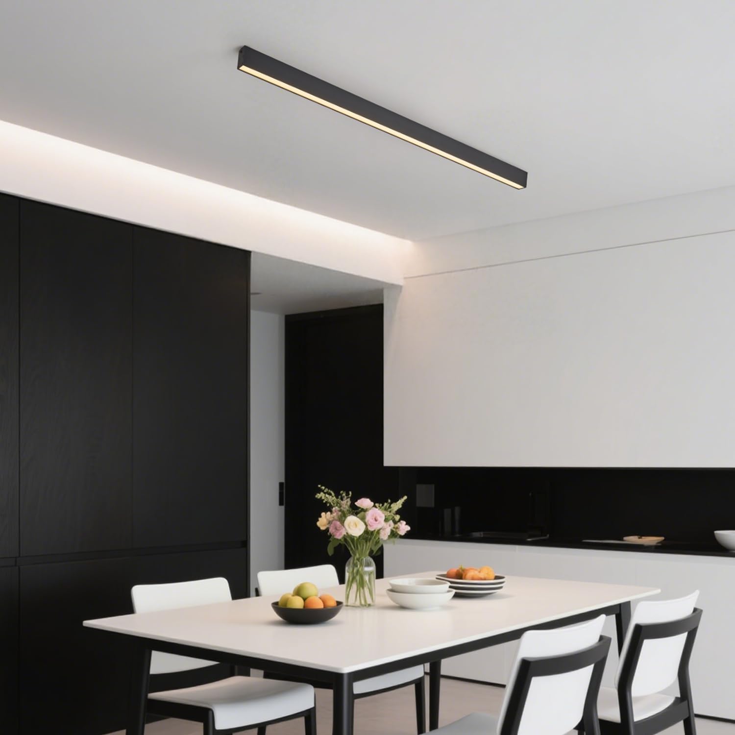 Black metal linear LED ceiling light with remote control, modern minimalist design for living room installation — side