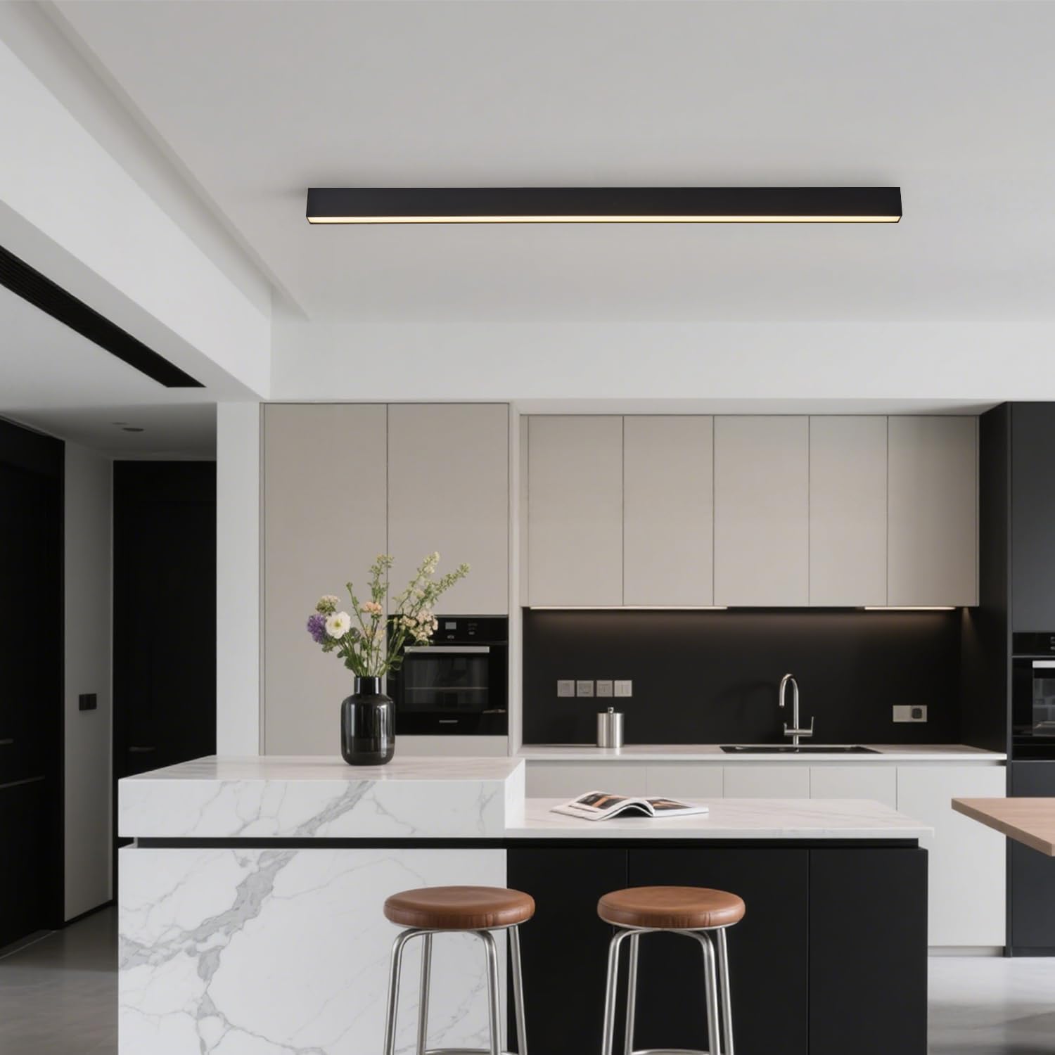Black metal linear LED ceiling light with remote control, modern minimalist design for living room installation — back