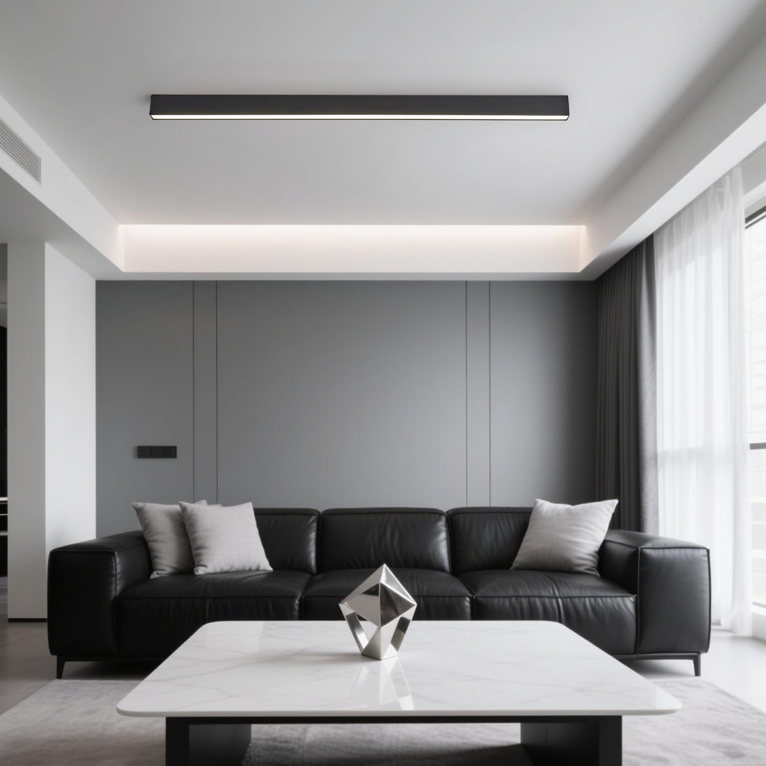 Black metal linear LED ceiling light with remote control, modern minimalist design for living room installation — detail