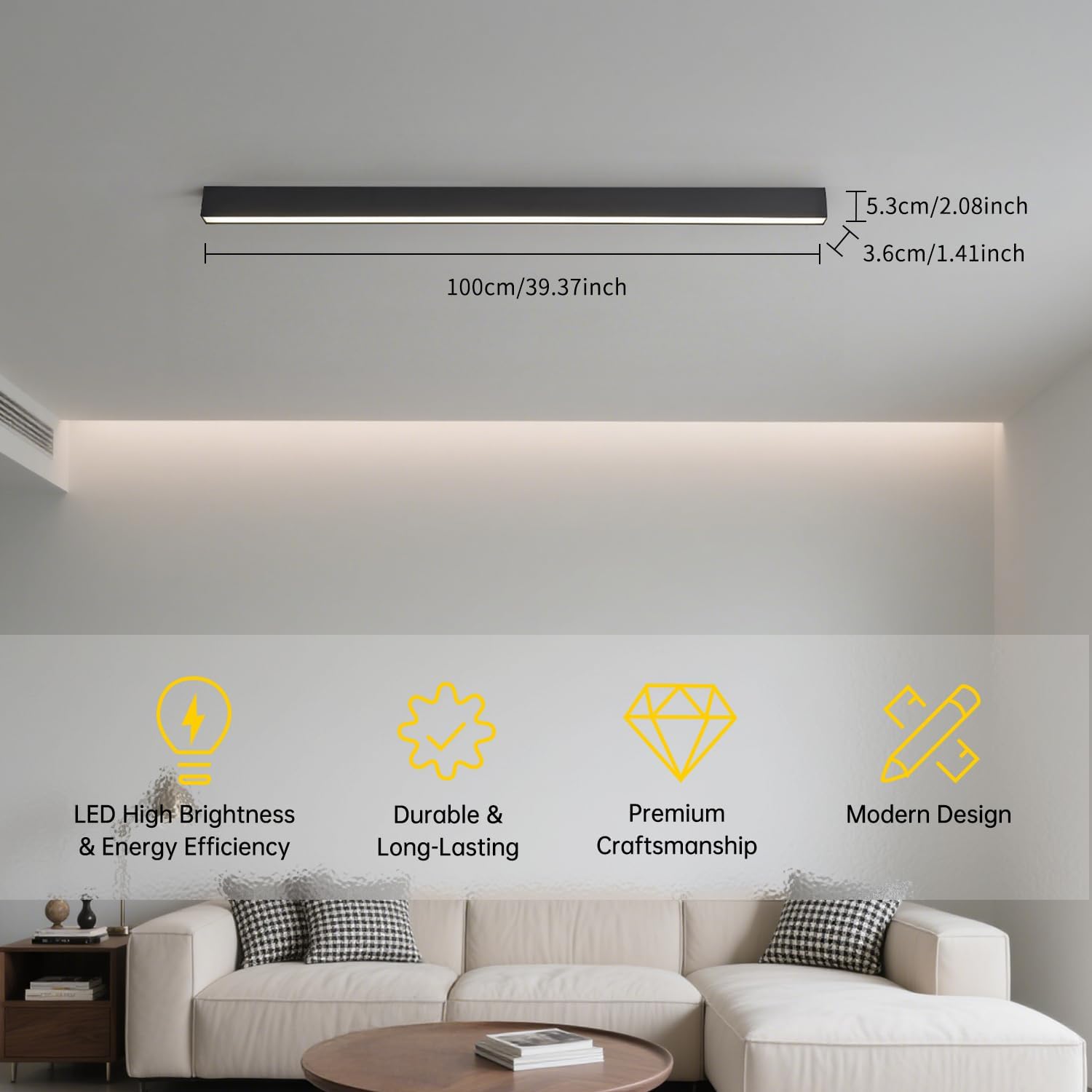 Black metal linear LED ceiling light with remote control, modern minimalist design for living room installation — view 3b