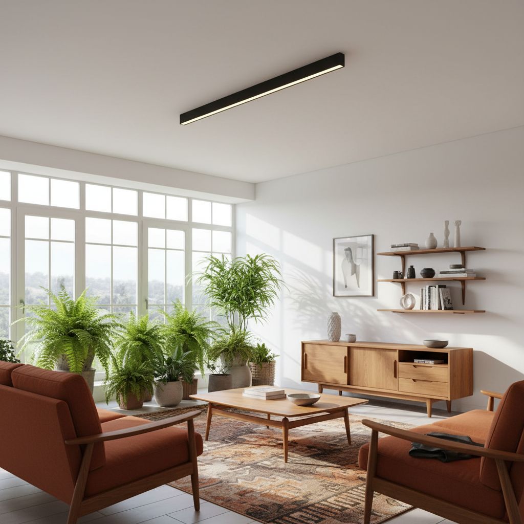 Black metal linear LED ceiling light with remote control, modern minimalist design for living room installation — view 5b