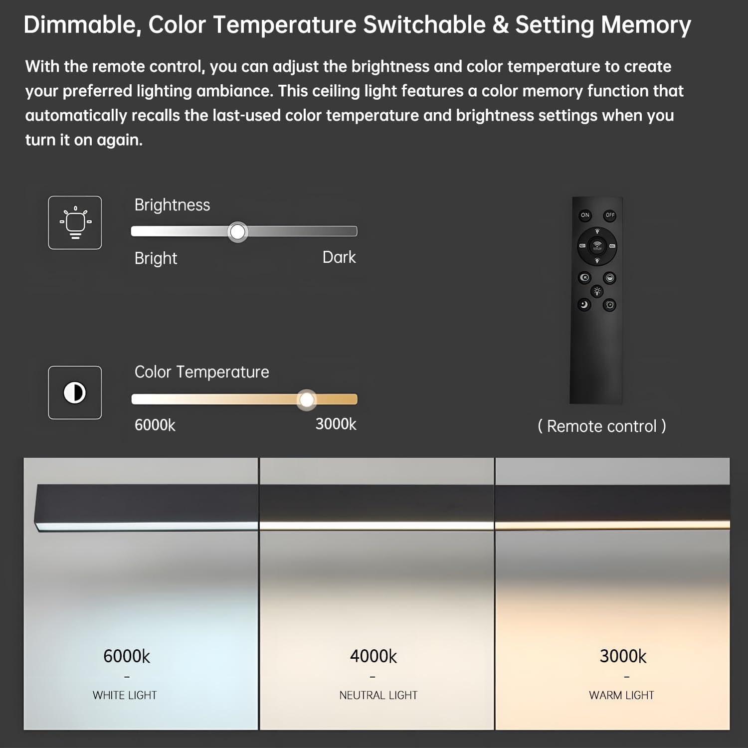 Black metal linear LED ceiling light with remote control, modern minimalist design for living room installation — view 7