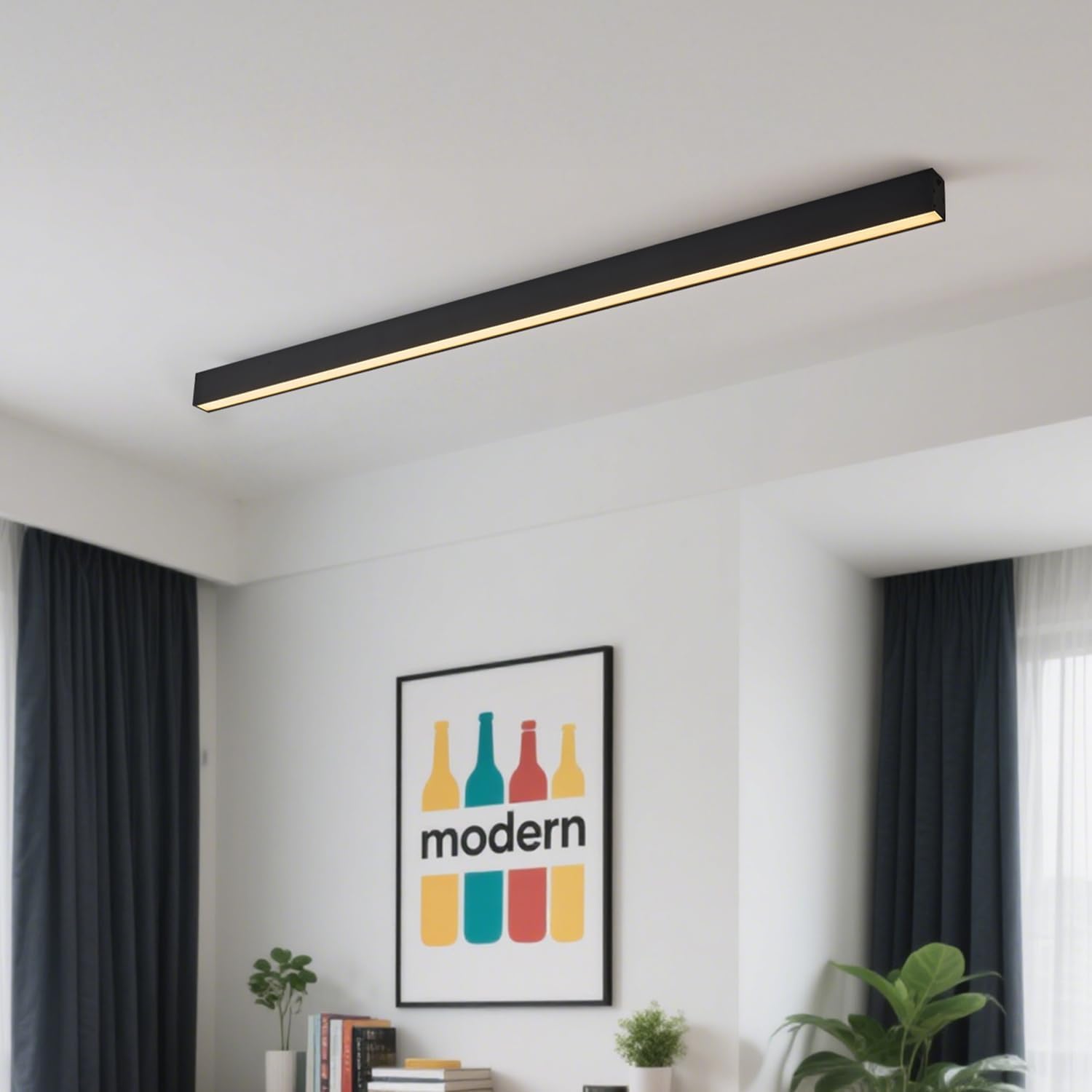 Black metal linear LED ceiling light with remote control, modern minimalist design for living room installation — view 2