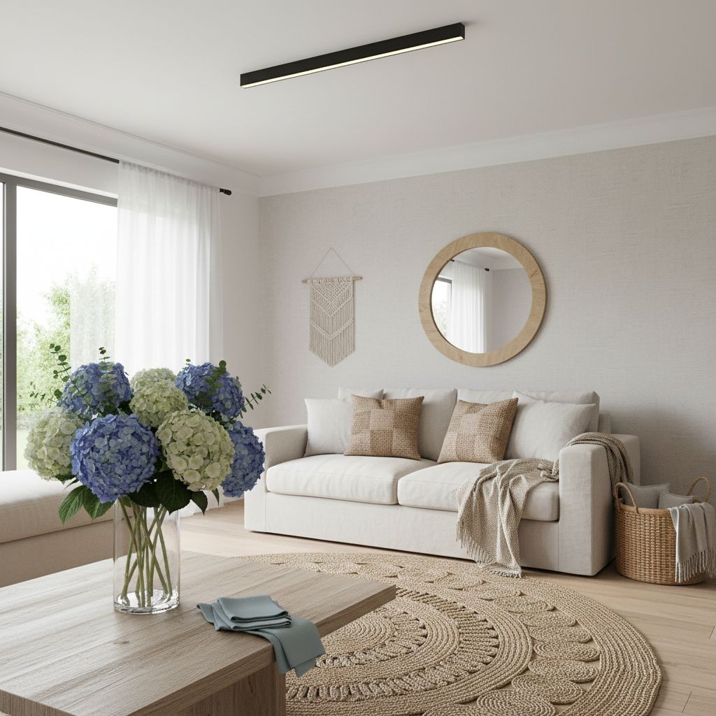 Black metal linear LED ceiling light with remote control, modern minimalist design for living room installation — view 4