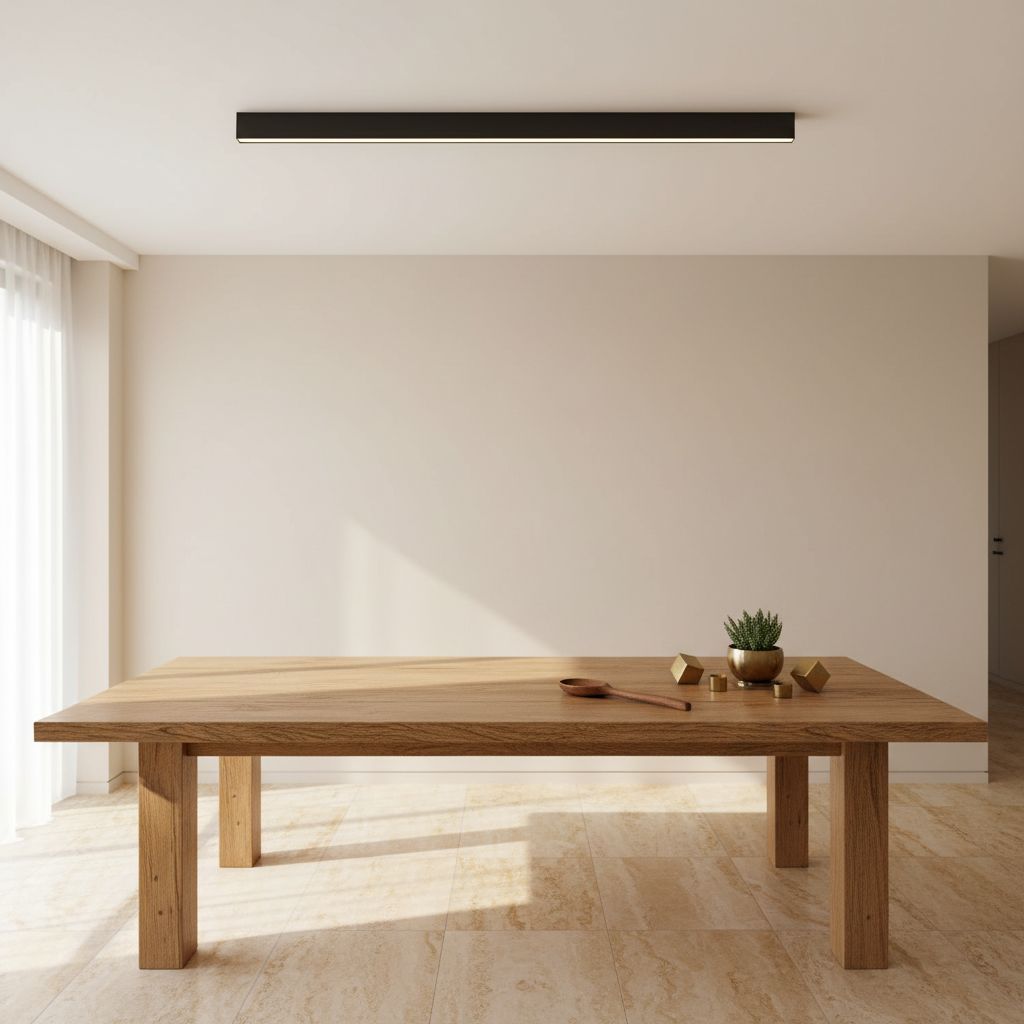 Black metal linear LED ceiling light with remote control, modern minimalist design for living room installation — view 5a