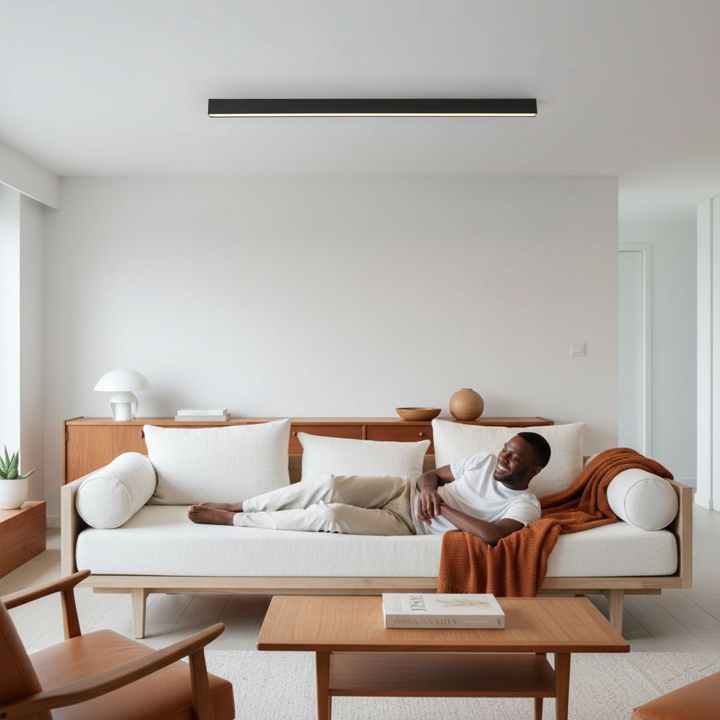 Black metal linear LED ceiling light with remote control, modern minimalist design for living room installation — view 6