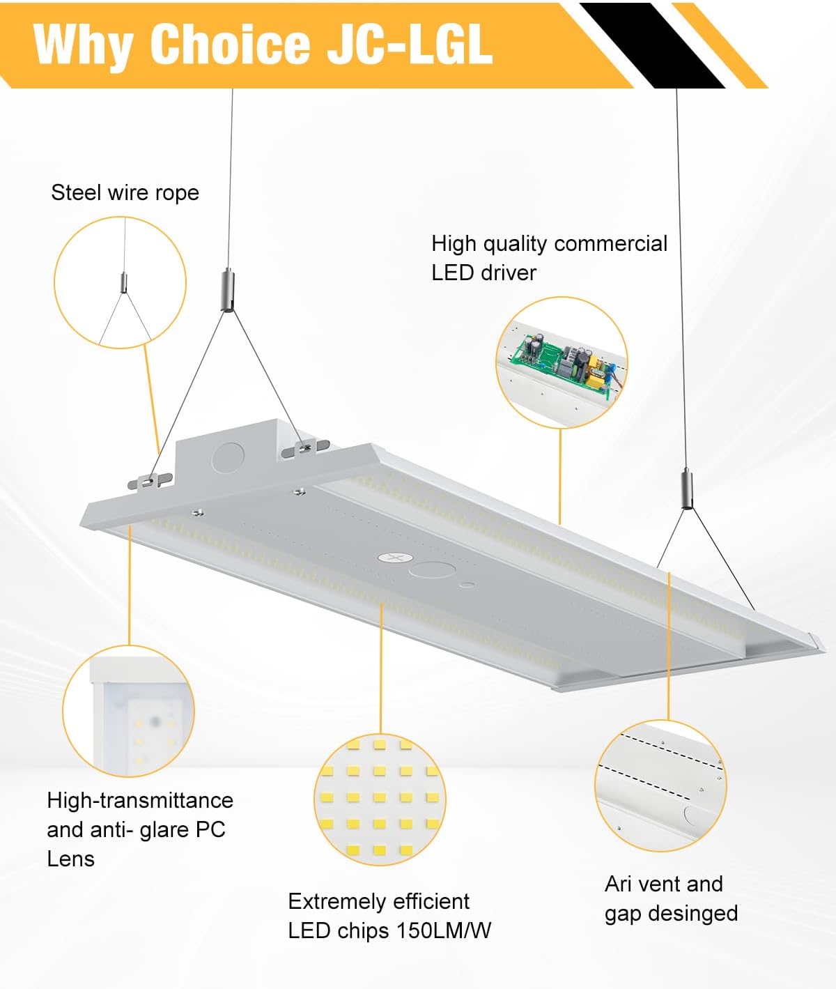 Industrial aluminum 400W 4FT LED linear high bay light with cool daylight white 5000K output, metal housing design for warehouse and garage lighting — view 4