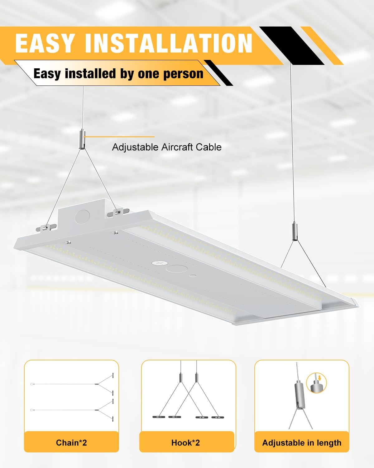 Industrial aluminum 400W 4FT LED linear high bay light with cool daylight white 5000K output, metal housing design for warehouse and garage lighting — view 3
