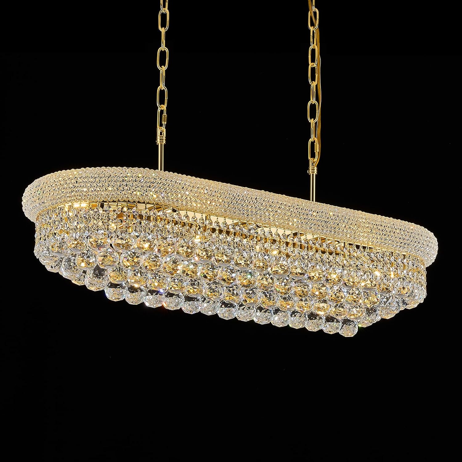 Rectangular crystal chandelier with gold-finished metal frame and multiple crystal elements, {color} finish, shown in {room_setting} — front