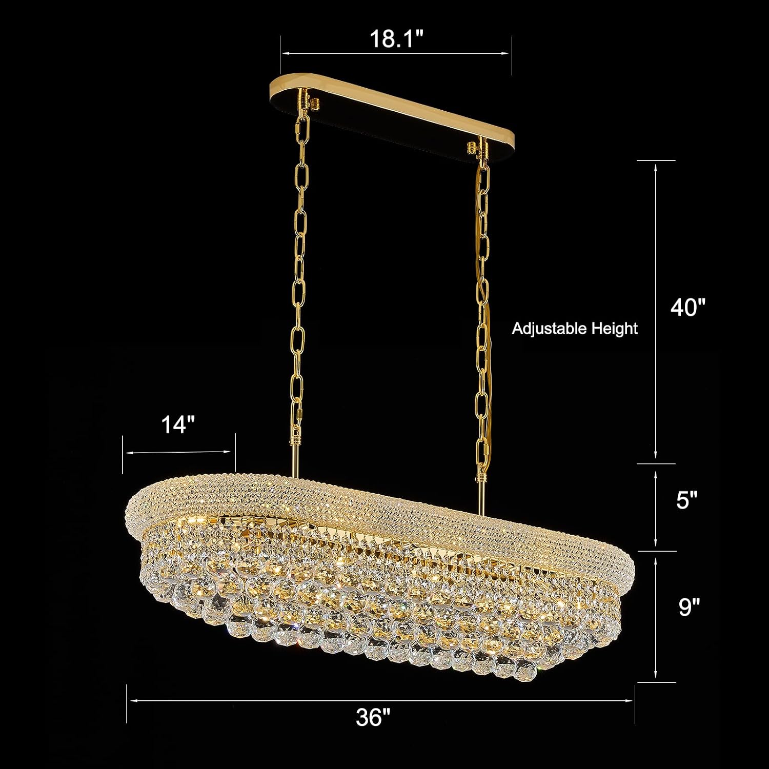Rectangular crystal chandelier with gold-finished metal frame and multiple crystal elements, {color} finish, shown in {room_setting} — side