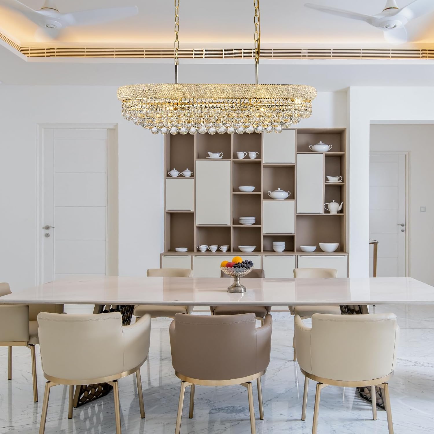 Rectangular crystal chandelier with gold-finished metal frame and multiple crystal elements, {color} finish, shown in {room_setting} — back