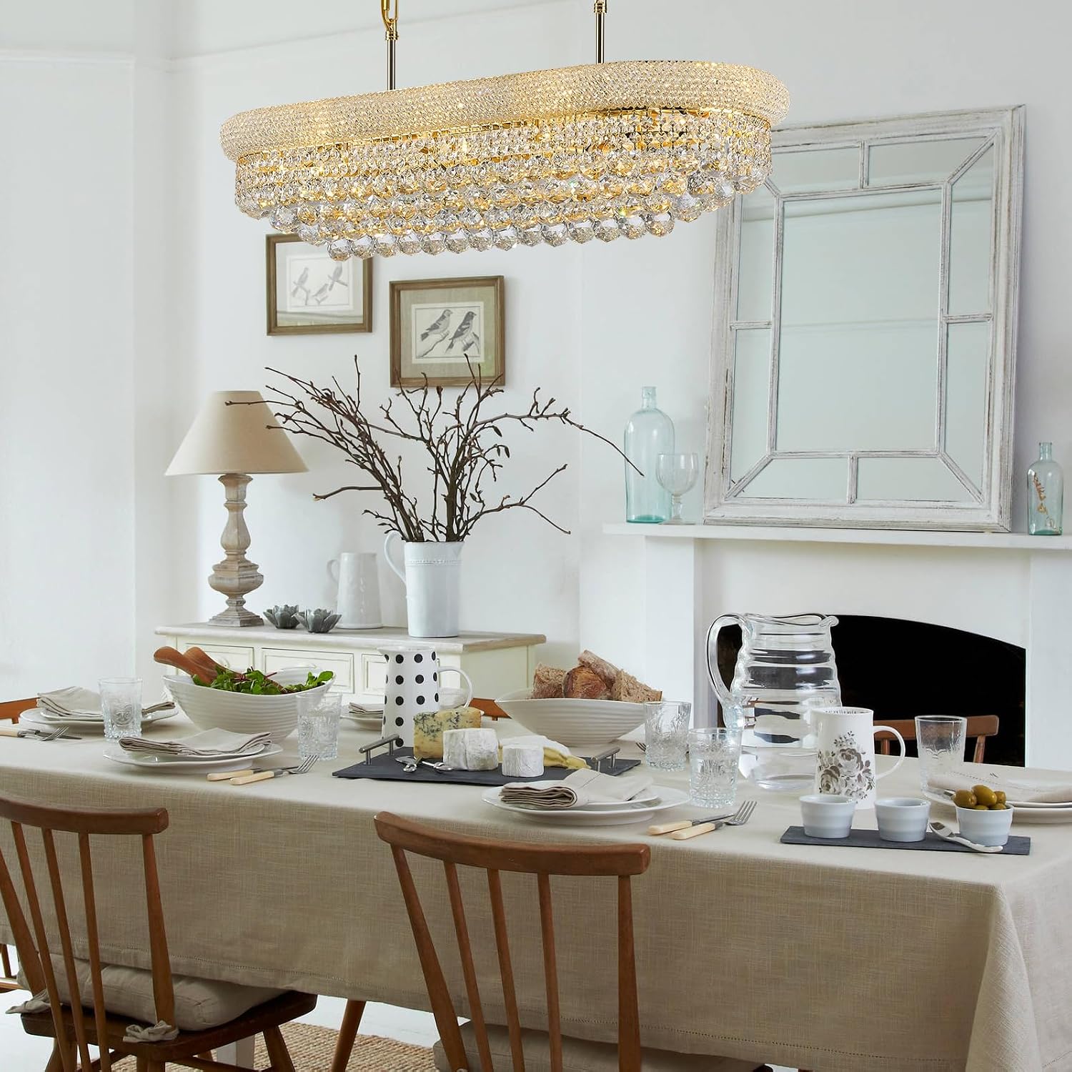 Rectangular crystal chandelier with gold-finished metal frame and multiple crystal elements, {color} finish, shown in {room_setting} — detail