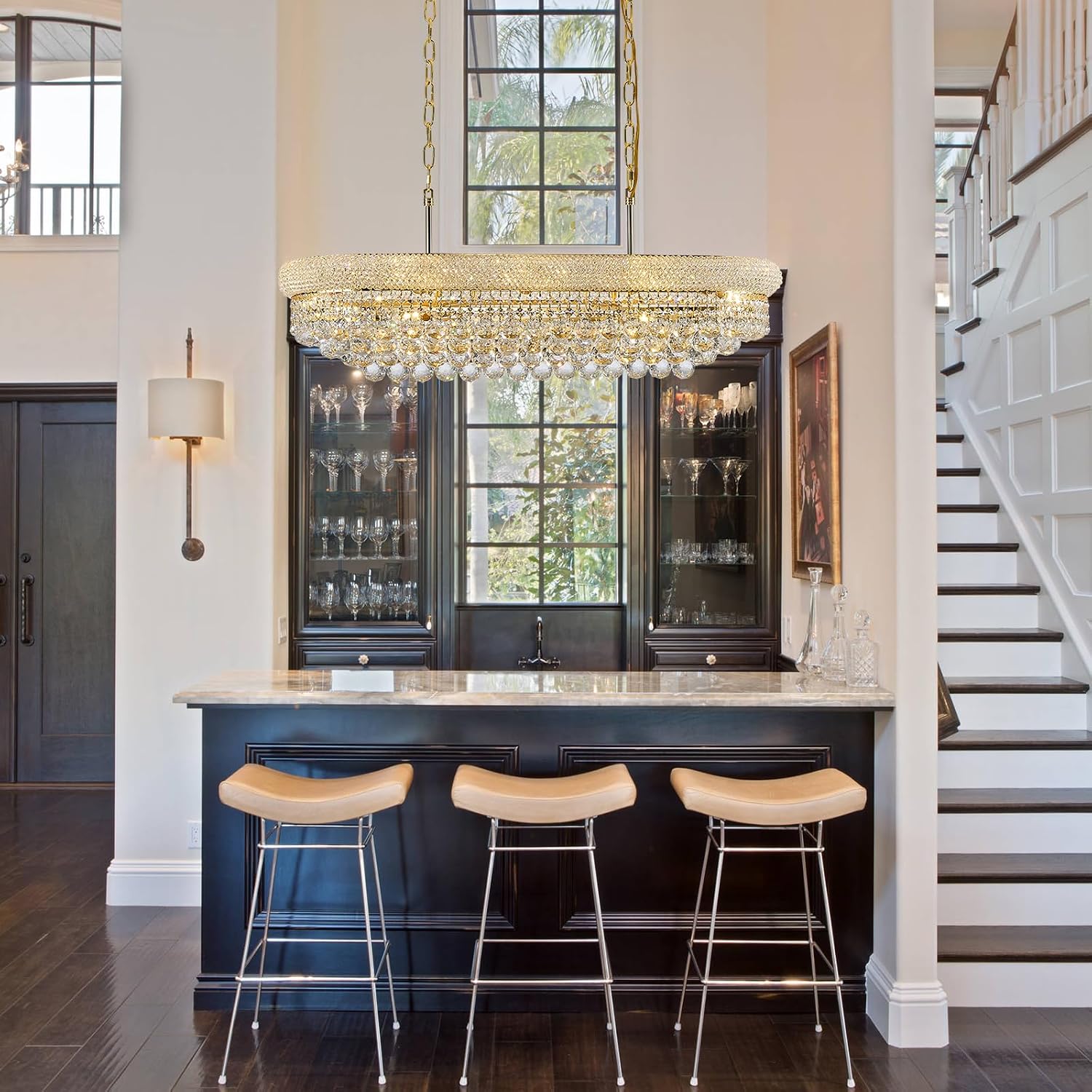 Rectangular crystal chandelier with gold-finished metal frame and multiple crystal elements, {color} finish, shown in {room_setting} — view 2