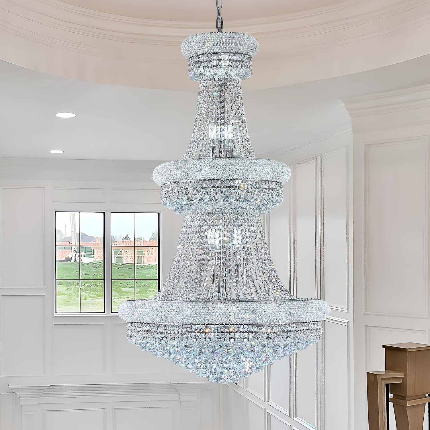 Rectangular crystal chandelier with gold-finished metal frame and multiple crystal elements, {color} finish, shown in {room_setting} — view 5
