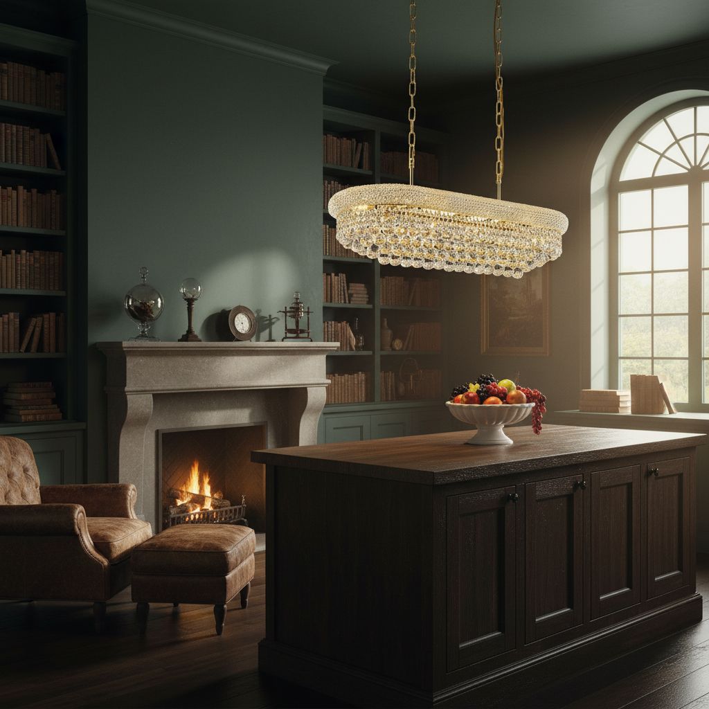 Rectangular crystal chandelier with gold-finished metal frame and multiple crystal elements, {color} finish, shown in {room_setting} — view 5b