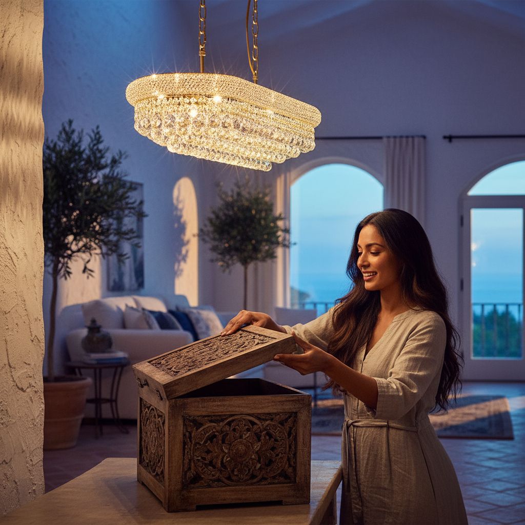 Rectangular crystal chandelier with gold-finished metal frame and multiple crystal elements, {color} finish, shown in {room_setting} — view 2