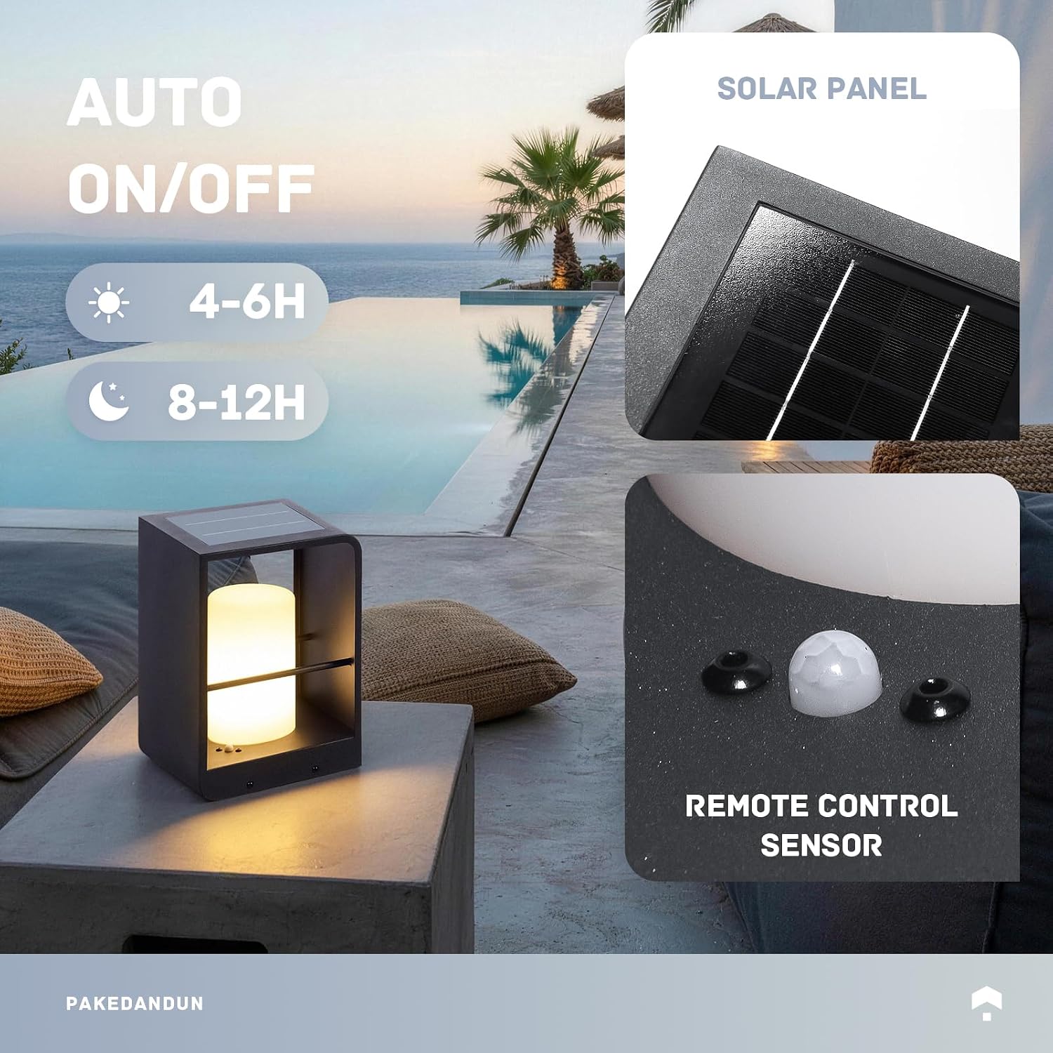 Modern minimalist solar table lamp in neutral plastic with LED bulb and solar panel, displayed on outdoor patio table — side