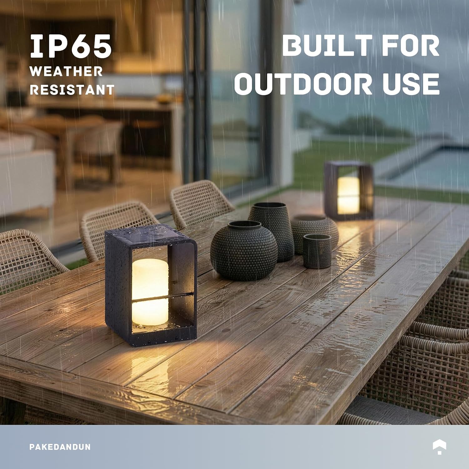 Modern minimalist solar table lamp in neutral plastic with LED bulb and solar panel, displayed on outdoor patio table — detail