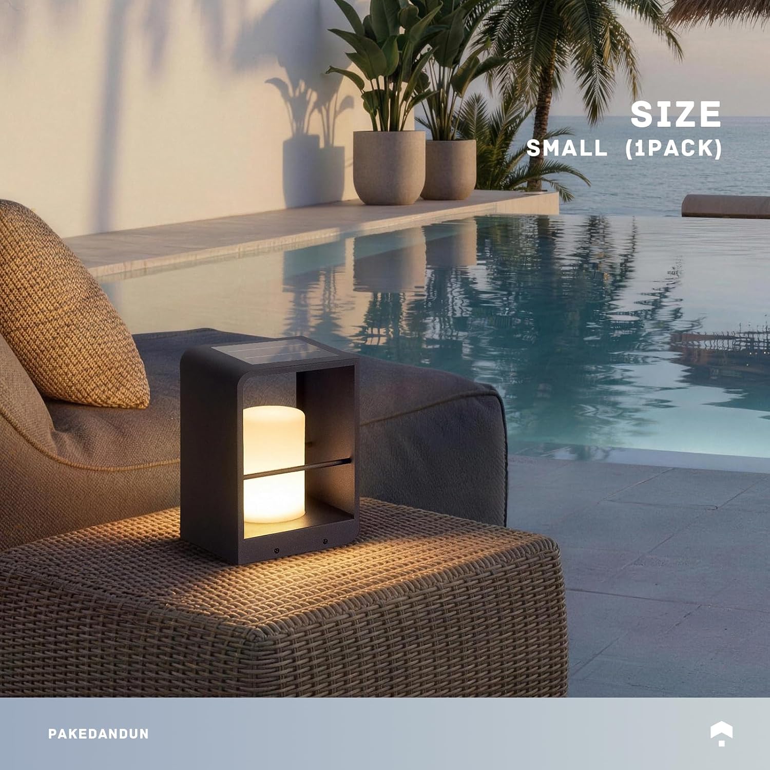 Modern minimalist solar table lamp in neutral plastic with LED bulb and solar panel, displayed on outdoor patio table — view 2