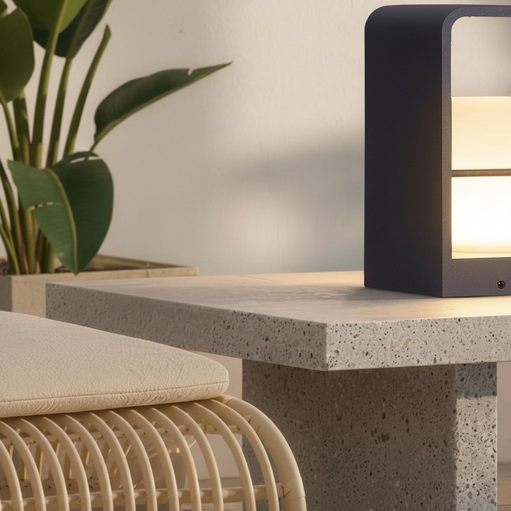 Modern minimalist solar table lamp in neutral plastic with LED bulb and solar panel, displayed on outdoor patio table — view 7