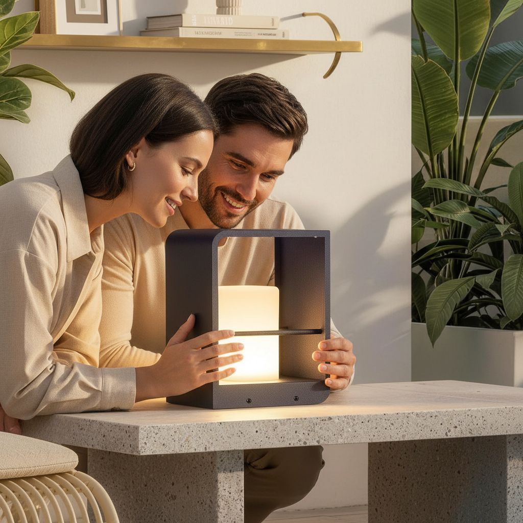 Modern minimalist solar table lamp in neutral plastic with LED bulb and solar panel, displayed on outdoor patio table — view 2