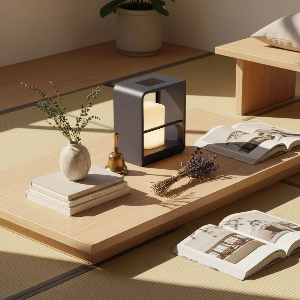Modern minimalist solar table lamp in neutral plastic with LED bulb and solar panel, displayed on outdoor patio table — view 3a