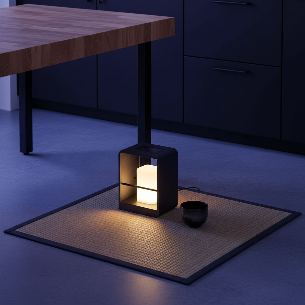 Modern minimalist solar table lamp in neutral plastic with LED bulb and solar panel, displayed on outdoor patio table — view 5a